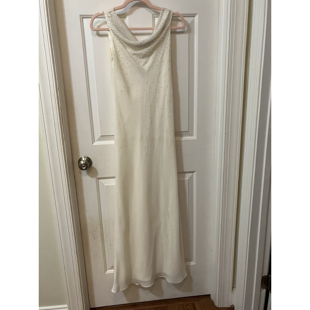 VTG  Cream Y2K Maxi Slip Dress Size 2 Fairy Prom Cowl Neck Crystals Sexy Size 3